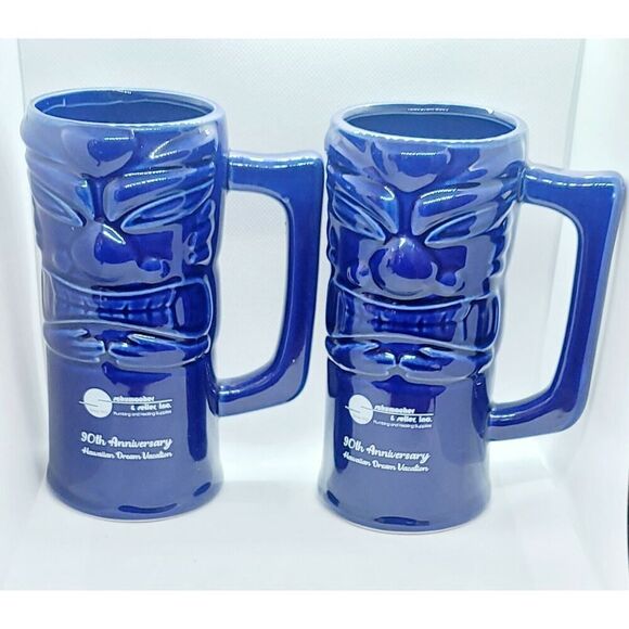 Pair of 2 Vintage Cobalt Blue Tiki Mugs Set With Handles 6" Tall - Picture 1 of 6